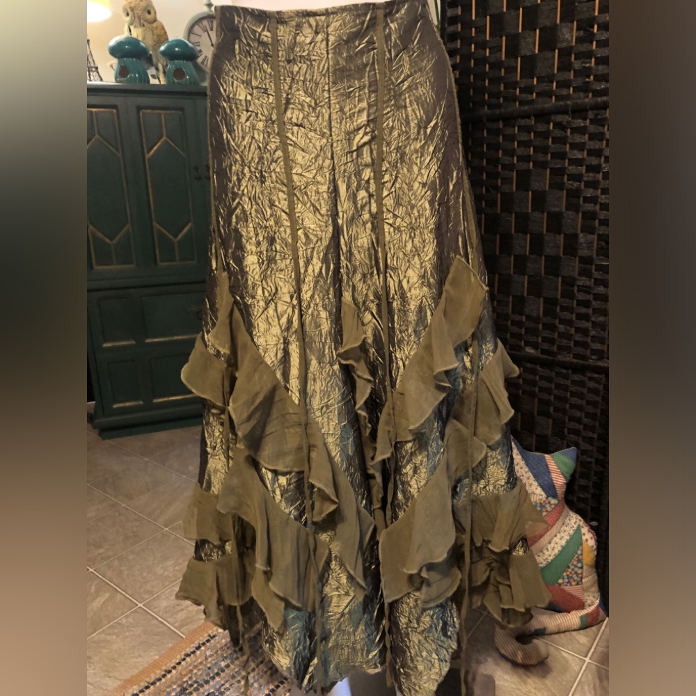 Elegant Olive Green Ruffled Asymmetrical Skirt by Cartise